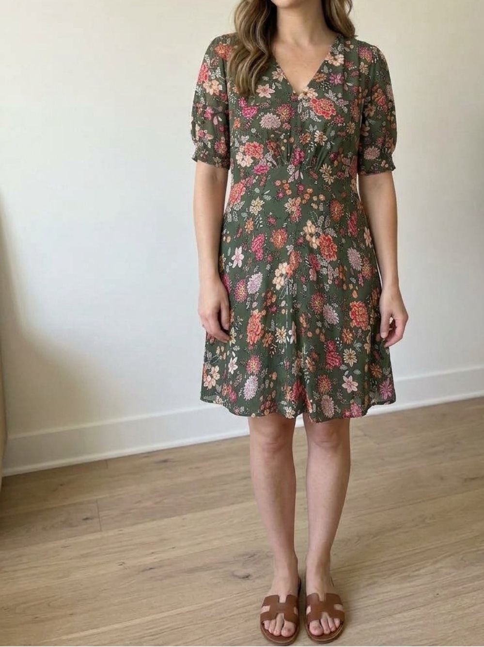 LOFT Country Garden Puff Sleeve V-Neck Dress 4P